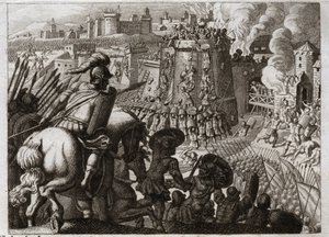 Bibel von Royaumont, Altes Testament: Belagerung von Jerusalem. Nebukadnezar II. belagerte Jerusalem, nahm es ein und brachte alle Reichtümer und Einwohner dieser Stadt nach Babylon. Illustration von 1811. von Unknown artist