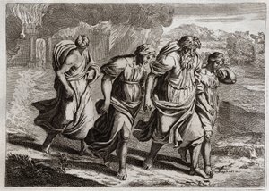 Royaumont-Bibel, Altes Testament: Sodom verbrannt. Gott erzürnt über die abscheulichen Verbrechen von Sodom, verbrennt es mit den anderen benachbarten Städten mit einem Regen aus Feuer und Schwefel, den er vom Himmel herabregnen lässt (Loth, seine Töchter  von Unknown artist