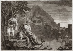 Bibel von Royaumont, Altes Testament: Der Engel führt Tobit. Der junge Tobit wird von einem Fisch (wunderbar) erschreckt, der ihn fressen wollte. Der Engel Raphael kommt auf Gottes Befehl, um ihn auf einer Reise zu führen, die er unternehmen musste. Illust von Unknown artist