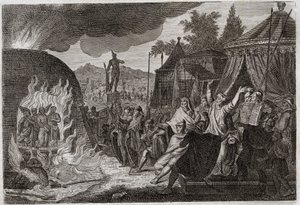 Bibel von Royaumont, Altes Testament: Die drei Kinder von Babylon im Feuerofen. König Nebukadnezar II. wirft drei junge Hebräer in einen brennenden Ofen, aus dem sie wundersam befreit werden. Sie heißen Ananias, Azarias und Misael (oder Schadrach, Meschach von Unknown artist