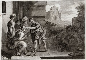 Bibel von Royaumont, Altes Testament: Tobit erlangt das Augenlicht zurück. Der junge Tobit gibt seinem Vater das Augenlicht zurück, indem er ihm die Galle des Fisches, den er auf Anraten des Erzengels Raphael gefangen hat, über die Augen streicht. Der Enge