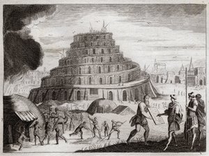 Bibel von Royaumont, Altes Testament: Turm von Babel. Männer wollen aus Eitelkeit einen Turm zum Himmel bauen. Gott verhindert dieses Werk, indem er ihre Sprachen verwirrt, sodass sie einander nicht mehr verstehen. Illustration von 1811. von Unknown artist