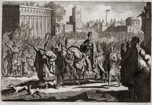 Bibel von Royaumont, Altes Testament: Triumph von Mardocheus. Aman (Haman) wird vom König gezwungen, den Triumph seines Feindes Mardocheus (oder Mordechai) in der Stadt Susan (besser bekannt als Susa) zu verkünden. Illustration von 1811.