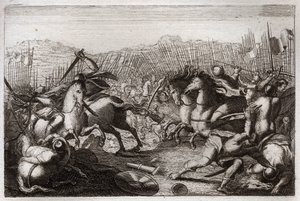 Bibel von Royaumont, Altes Testament: Sieg des Judas. Judas Makkabäus besiegte Apollonius, Seron, Ptolemaios Macron, Gorgias, Nikanor und Lysias in verschiedenen Schlachten. Illustration von 1811. von Unknown artist
