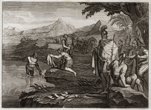 Royaumont-Bibel, Altes Testament: Krieg von Naaman. Naaman, General der Armee des Königs von Syrien, kam zum Propheten Elisa, um von seinem Aussatz geheilt zu werden. Illustration von 1811 von Unknown artist