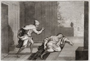 Bibel von Royaumont, Altes Testament: Frau des geschändeten Leviten. Die Frau des Leviten wurde tot an der Tür gefunden, nachdem sie von Schurken missbraucht worden war. Illustration von 1811. von Unknown artist