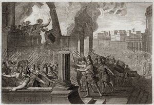 Bibel von Royaumont, Altes Testament: Zambri verbrennt. Zambri, der gegen Ela, den vierten König von Israel, revoltiert hat, belagert Thersa, wo er sich mit seiner ganzen Familie in seinem Palast verbrennt. Illustration von 1811.