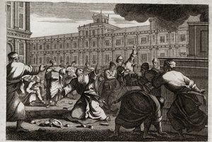 Bibel von Royaumont, Altes Testament: Zacharias wird gesteinigt. Zacharias, der Hohepriester, wird auf Befehl von Joasch (Joas), König von Juda, gesteinigt, weil er sich seinen Befehlen widersetzte. Illustration von 1811. von Unknown artist