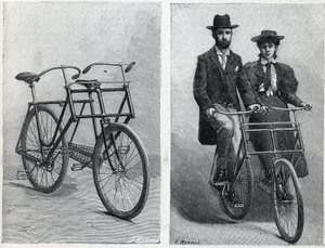 Fahrrad mit zwei Sitzen von der Firma „Punnett Cycle“ ohne und mit Radfahrern. Gravur in „La Nature“ von Unknown artist