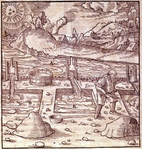 Bitumenernte. Georg Bauer Agricola „De Re metallica“ Buch des 16. Jahrhunderts. Bibl. des Wissenschaftsmuseums, Mailand.