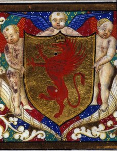 Wappen verziert eine Greifenkrone auf goldenem Hintergrund. (Detail)