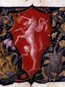 Wappen, das ein Einhorn auf rotem Hintergrund darstellt. Detail einer Miniatur. 15. Jahrhundert