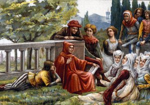 Boccaccio liest seinen Freunden während der Pestepidemie in Florenz um 1348 den Decameron vor. Chromolithographie des späten 19. Jahrhunderts von Unknown artist