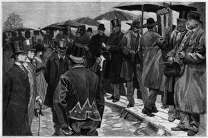 Buchmacher auf der Rennbahn von Auteuil, bevor die Pfosten entfernt wurden, in „Le Monde Illustré“ 1887 von Unknown artist