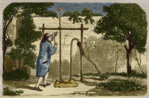 Botanik: Experiment von Stephen Hales (1677-1761) über die Aufstiegskraft des Saftes im Jahr 1727. Gravur von 1859 in „Le Musée Des Sciences“