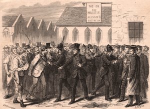 Schlägerei zwischen Studenten der Universität Oxford und Arbeitern in einer Straße von Oxford, England