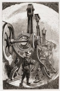 Brunton-Maschine zum Tunnelbau in weichen Gesteinen - in „Die neuen Eroberungen der Wissenschaft: Elektrizität“ von Louis Figuier, sd.