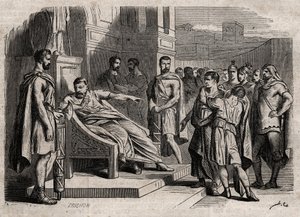 Brutus verurteilt seinen Sohn zum Tode - Brutus (Marcus Junius Brutus, 85-42 v. Chr.) verurteilt seine Söhne zum Tode - Gravur in 