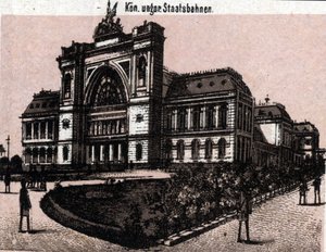 Budapest, Ungarn: Blick auf den Magyar Királyi Allavasutsk (Bahnhof). aus 