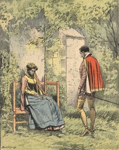 Bussy und Diane, bekannt als Madame de Monsoreau, im Garten vor der Kirche. Illustration des Romans „La Dame de Monsoreau“ von Alexandre Dumas im „Journal des romans populaires illustrés“ von Unknown artist