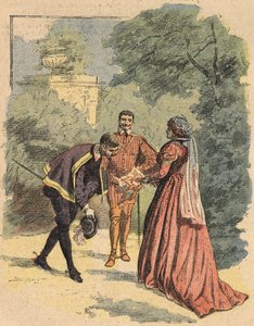 Bussy grüßt Jeanne, begleitet von Saint Luke, im Park. Illustration des Romans „La Dame de Monsoreau“ von Alexandre Dumas, in „Journal des novels populaires illustrés“
