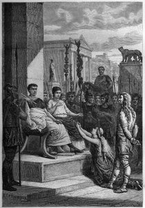 Gefangenschaft von Caratacus - Caratacus (Caratacos, Caratacus) in Gefangenschaft mit seiner Familie spricht den römischen Kaiser Claudius (Claude I) (10 v. Chr.-54 n. Chr.) an - Gravur in „L
