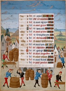 Kalender: August - Herstellung von Weinfässern - Miniatur von Meister Jean de Rolin (15. Jahrhundert) aus „Die Stunden von Adelaide von Savoyen, Herzogin von Burgund“