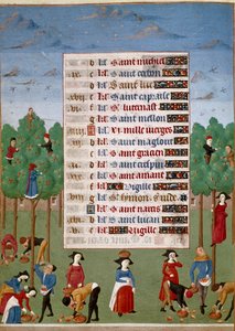 Kalenderseite für den Monat Oktober: „Landwirtschaftliche Arbeiten, Obsternte“. Illuminiert aus dem „Stundenbuch der Herzogin von Burgund, Adelaide von Savoyen“