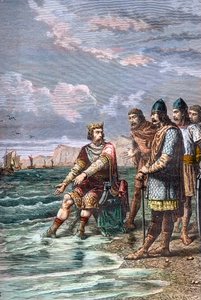 Knut der Große überzeugt seine Berater, dass er nicht die Macht hat, die Flut zu stoppen - König Knut II. der Große (Knud I. der Große) (um 995-1035), König von England ab 1016, von Dänemark ab 1018 und von Norwegen ab 1030 - Er zeigt seinen Höflingen, das