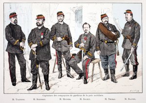 Hauptleute der mobilisierten Friedenswächterkompanien, von links nach rechts: Herr Toquenne, Herr Rousseau, Herr Mennier, Herr Rochut, Herr Thomas, Herr Blavier. Farbradierung zur Illustration „Geschichte des Friedenswächterkorps“ Buch veröffentlicht unter