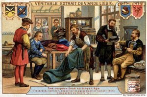 Berufe im Mittelalter: Weber, Schneider, Hutmacher und Pastetenmacher bestellen den Trockenreiniger - Chromo Liebig von Unknown artist