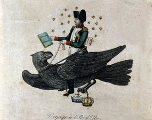 Karikatur über Napoleon über sein Exil auf der Insel Elba. Napoleon auf einem Adler hält in seiner rechten Hand ein Buch mit dem Titel Militärische Einberufung. Gravur der Zeit. von Unknown artist