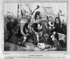 Karikatur zur Wahlkampagne für die erste Präsidentschaftswahl am 10. Dezember 1848 mit der Schlacht der Zeitungen