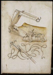 Katapult- und Hakensystem - Manuskript: Pergamentblatt aus einem Ingenieurshandbuch für den Bau ziviler, religiöser und militärischer Gebäude, anonym, spätes 15. Jahrhundert (Figur in chinesischer Tinte)