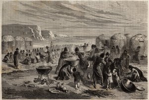 Cauda-yoli, das jährliche turkmenische religiöse Fest, um Gottes Schutz für die Familie und das Vieh zu bitten, organisiert von einer Familie, die zu diesem Anlass etwa fünfzehn Schafe opfern kann, und zu dem die ganze Gemeinschaft eingeladen ist. Gravur von Unknown artist