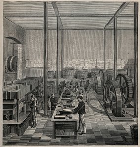 Zelluloid: Zelluloidherstellung. Gravur von 1885 in „Les arts et métiers illustrés“ von Adolphe Bitard. von Unknown artist