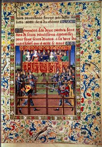 Zeremonien und Verordnungen als Kampfversprechen: Duell im geschlossenen Feld zwischen zwei Rittern. Miniatur aus einem Manuskript von Jean de Rolin (15. Jahrhundert) 1460 Paris, B.N.
