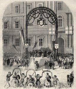 Wohltätigkeitsfeste in Marseille zur Erinnerung an die Ankunft von Franz I., wo er Papst Clemens VII. traf: Farandole-Tanz auf dem Place Saint-Ferreol vor der Tribüne von König Franz I. Gravur in „L