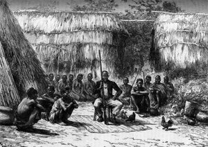 Häuptling Makoloko umgibt seinen Hof in Afrika. Gravur in „The Journal of Youth“