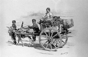 Kinder des Volkes auf einem von einem Esel gezogenen Wagen. Sizilien Gravur des 19. Jahrhunderts