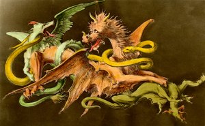 Chimären Ein Drache kämpft gegen zwei Monster. Gravur aus dem 19. Jahrhundert. von Unknown artist