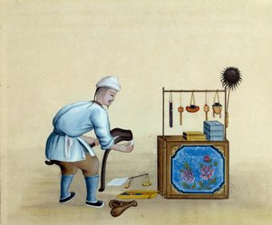 Chinesischer Händler schärft Scheren zum Schneiden von Silberbarren (Zeichnung des 17. Jahrhunderts)