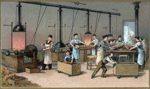 Schokoladenherstellung. Kakaorösterei. Chromolithographie aus dem späten 19. Jahrhundert. von Unknown artist