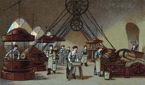 Schokoladenherstellung: Mahlwerkstatt. Chromolithographie aus dem späten 19. Jahrhundert von Unknown artist