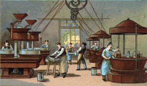Schokoladenherstellung, Mischraum. Chromolithographie Ende des 19. Jahrhunderts von Unknown artist