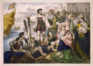Christoph Kolumbus und die Brüder Pinzon verlassen den Hafen von Palos in Spanien am 03/08/1492 für die Neue Welt. Gravur 2. Hälfte des 19. Jahrhunderts
