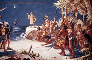 Christoph Kolumbus sagt den Indianern die Mondfinsternis voraus. Chromolithographie aus dem 19. Jahrhundert von Unknown artist