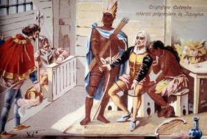 Christoph Kolumbus kehrt als Gefangener nach Spanien zurück. Chromolithographie aus dem 19. Jahrhundert von Unknown artist