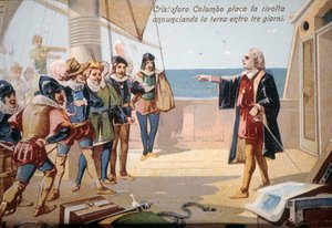 Christoph Kolumbus stoppte die Meuterei der Besatzung, indem er die Landung in drei Tagen ankündigte. Chromolithographie 19. Jahrhundert.