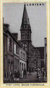 Kirchenpfarrei von Port Louis, Pays de Lorient, Morbihan, Bretagne. Chromolithographie des späten 19. Jahrhunderts